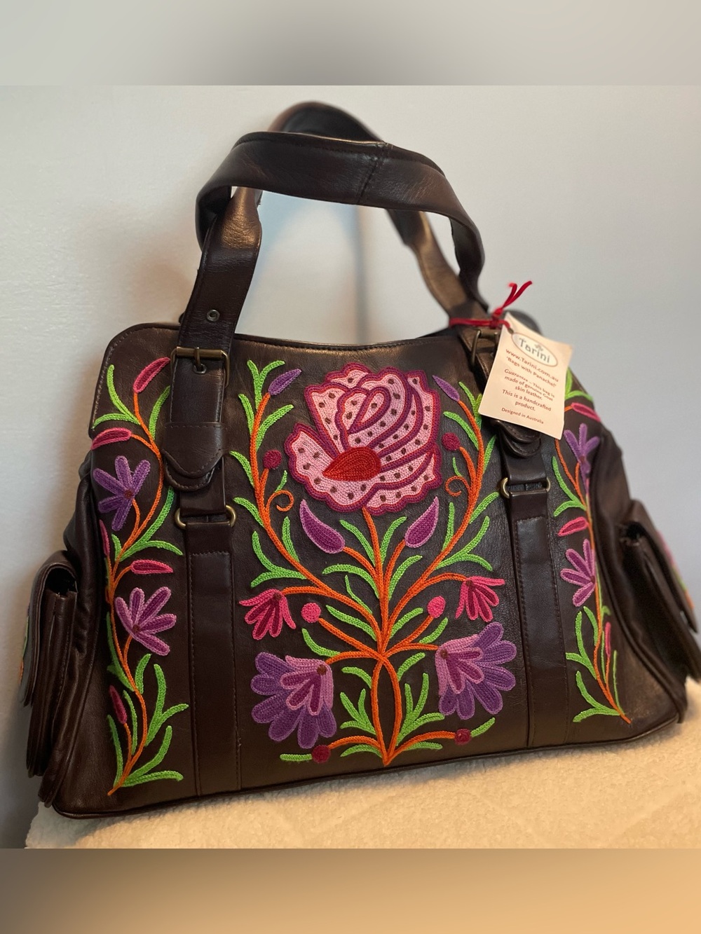 Tarini Hand Embroidered Floral Leather Tote Bag in Black